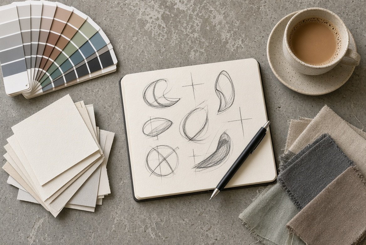 Designer's desk with colour swatches and sketches