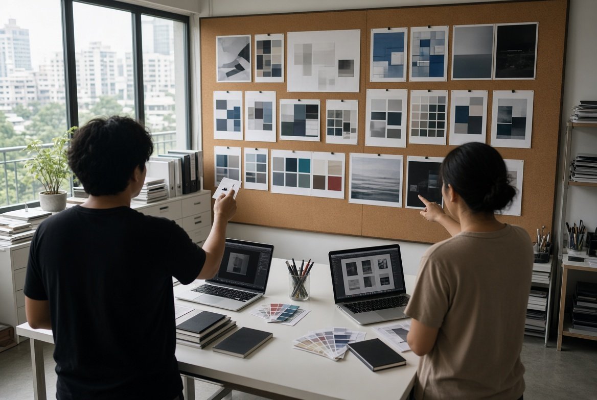 Designers reviewing printed work in a Singapore studio